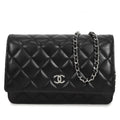 Chanel Chain Wallet Black Silver Lambskin Quilted Pochette Shoulder Bag