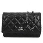 Chanel Chain Wallet Black Silver Lambskin Quilted Pochette Shoulder Bag