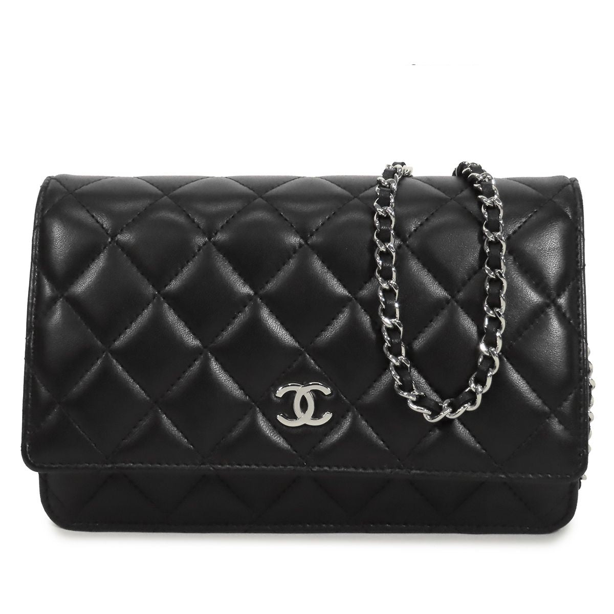 Chanel Chain Wallet Black Silver Lambskin Quilted Pochette Shoulder Bag
