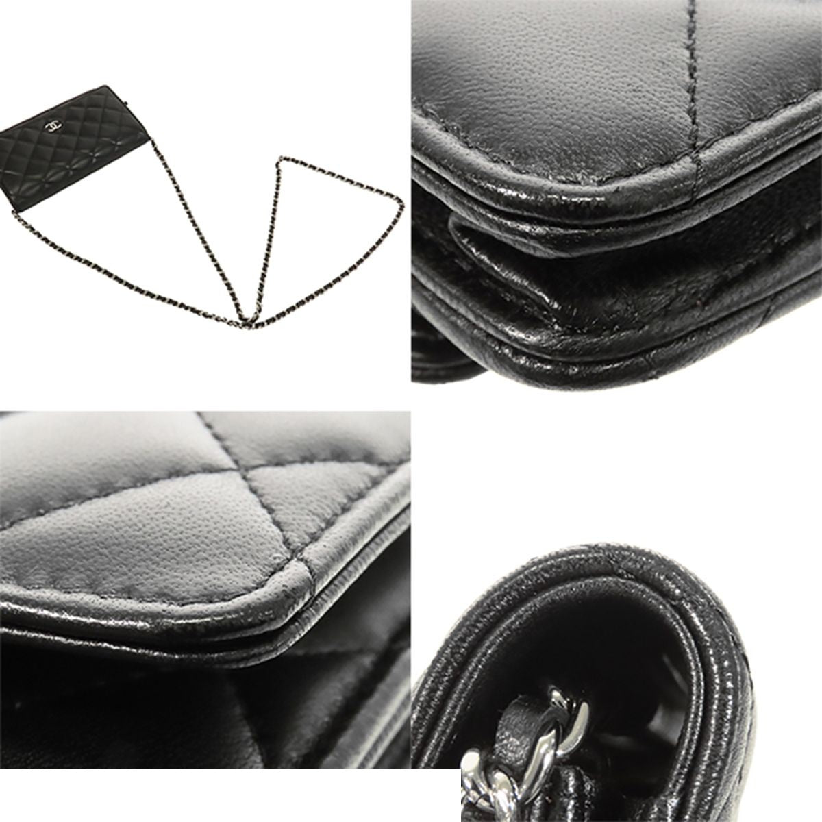 Chanel Chain Wallet Black Silver Lambskin Quilted Pochette Shoulder Bag — view 5