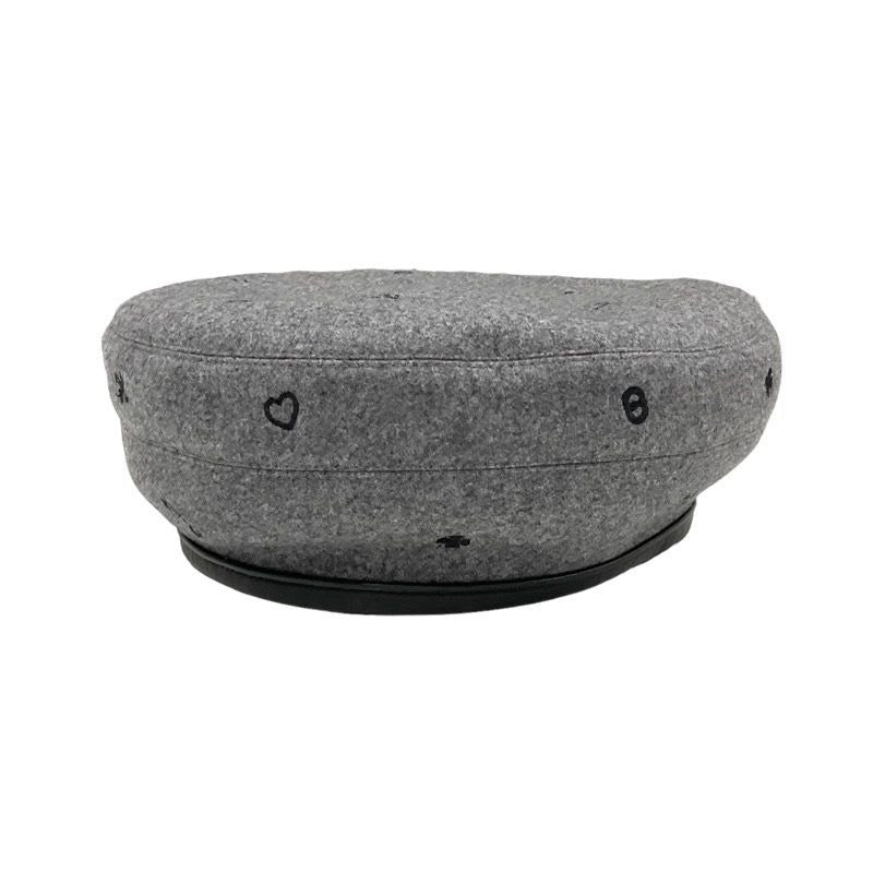 Hermes Beret Cashmere Gray Black Embroidery Hat