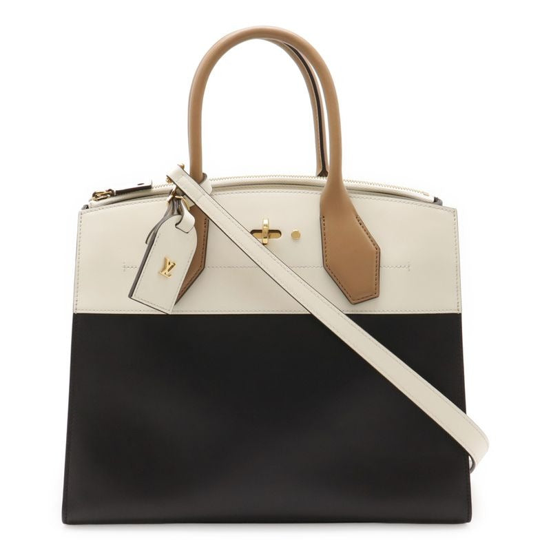 Louis Vuitton City Steamer MM Handbag 2-Way Shoulder Bicolor Leather White