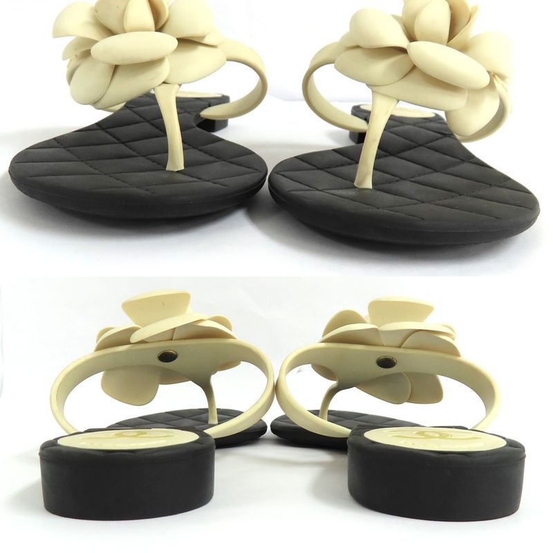 Chanel Camellia Beach Sandals Flat Heel 35 Black White Rubber Thong — view 4