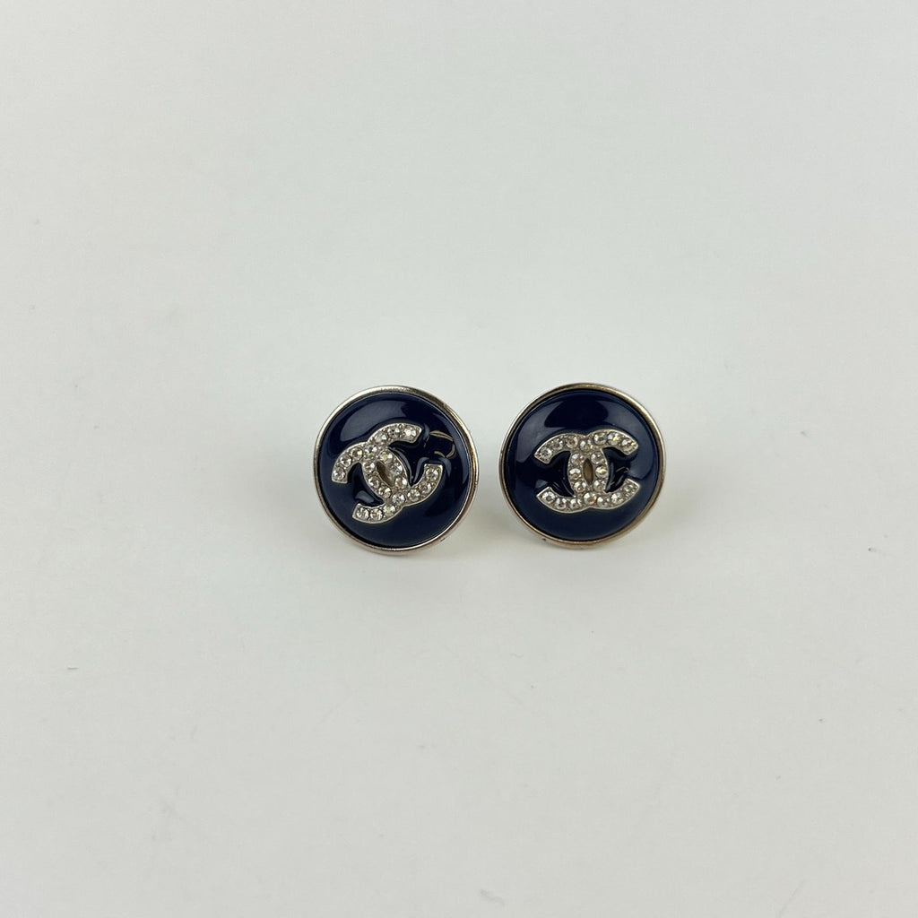 Chanel CC Logo Earrings Navy Silver Vintage