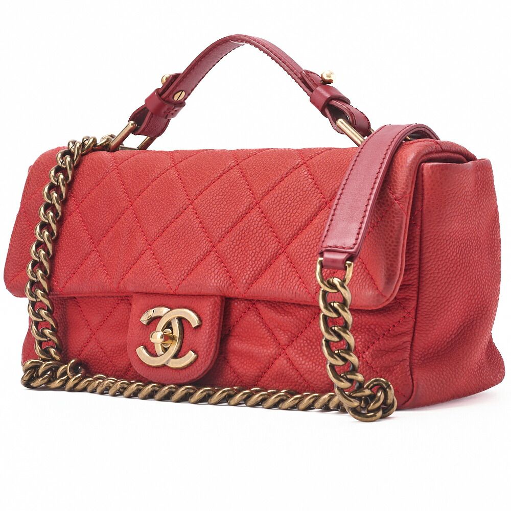 Chanel Chain Shoulder Bag Quilted Turnlock 2-Way Caviar Leather Red Gold Hardware — view 3