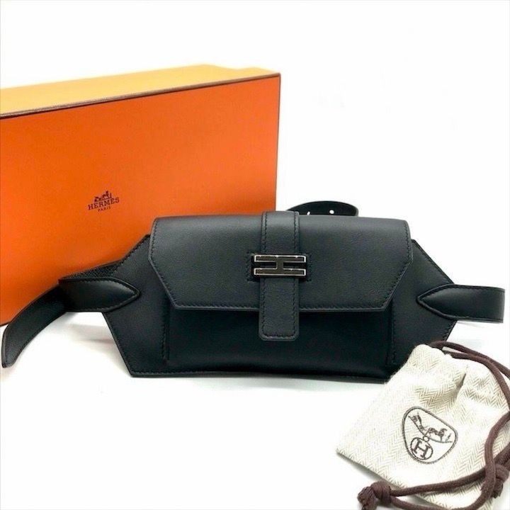 Hermes Elan Pocket Swift Waist Pouch Belt Bag Black Silver