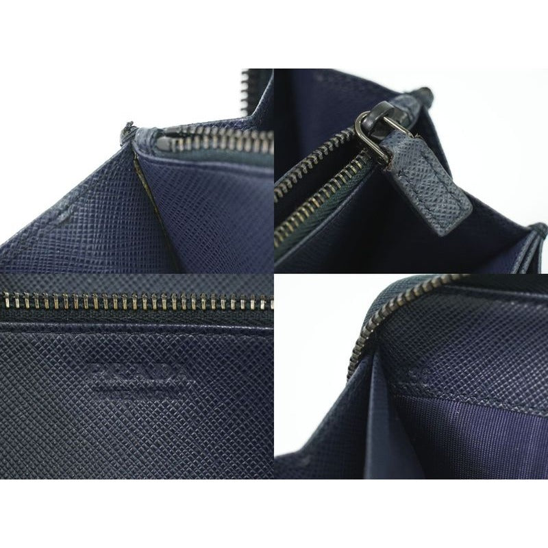 Prada Saffiano Leather Round Zipper Long Wallet Navy — view 9