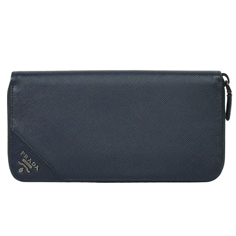Prada Saffiano Leather Round Zipper Long Wallet Navy