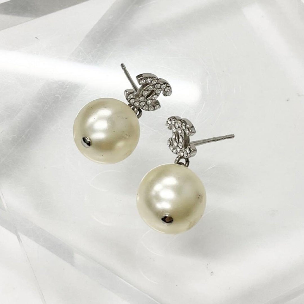 Chanel Earrings CC Logo Rhinestone Pearl Silver