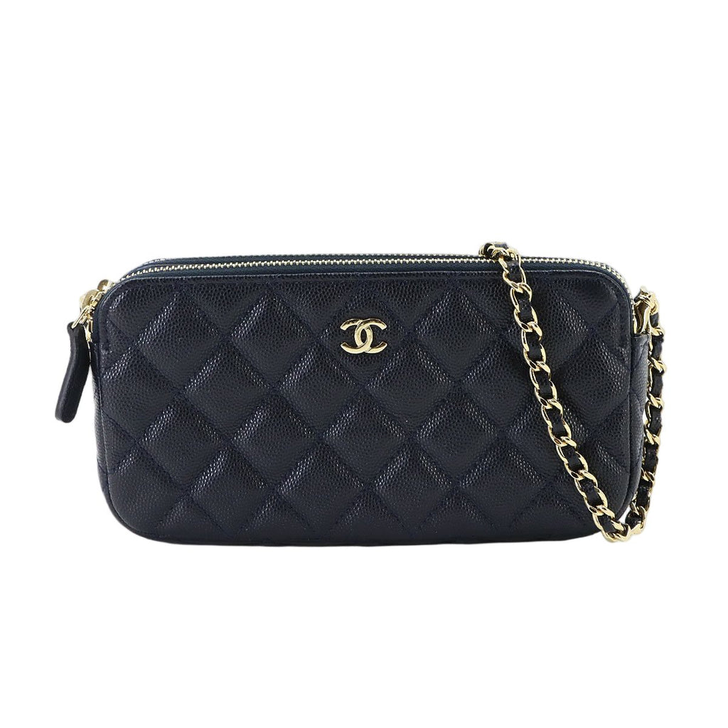 Chanel Quilted Zipper Chain Wallet Caviar Leather Navy Shoulder Bag