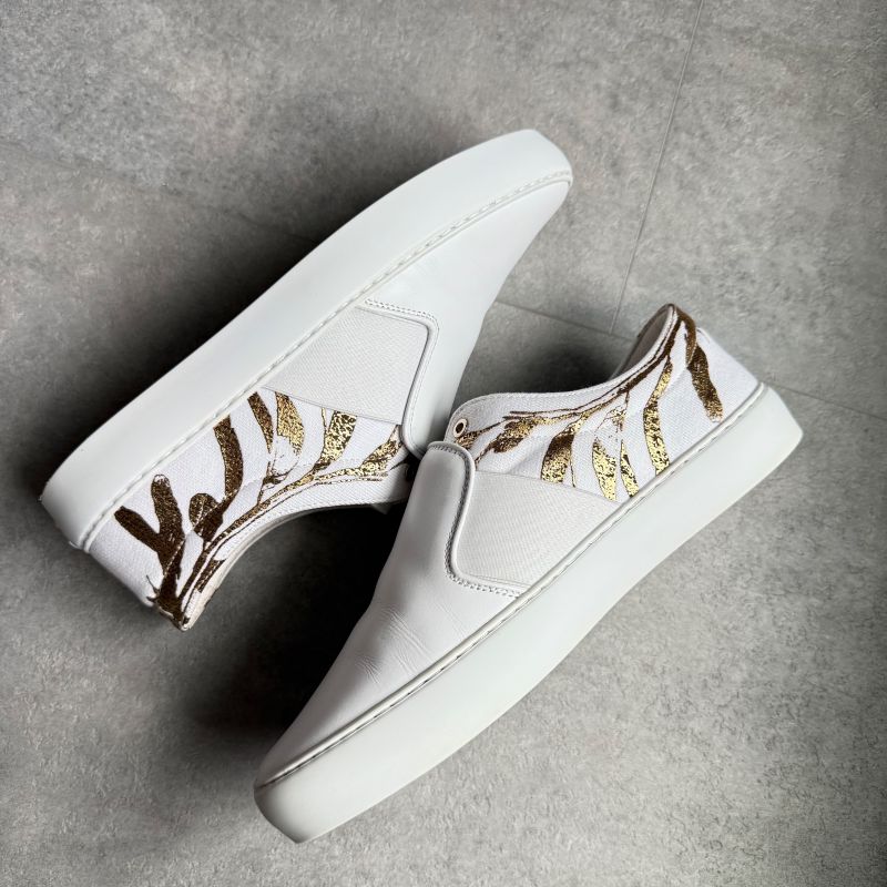 Chanel Coco Mark Leather White Gold Floral Slip on ed Shoes — view 5