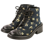 Chanel CC Logo Print Canvas Lamfa Short Boots 37 Black