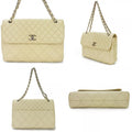 Chanel Shoulder Bag Quilted Large Calf Beige Ivory Silver Hardware Chain 15 th