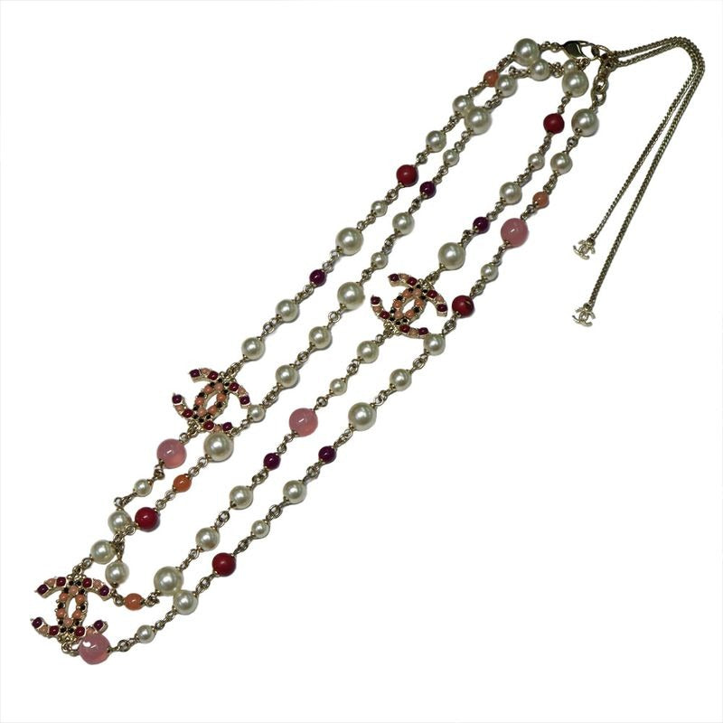 Chanel 3 Coco Mark Long Chain Necklace Pearl Multicolor Stone