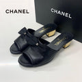 Chanel CC Logo Leather Ribbon Sandals Black