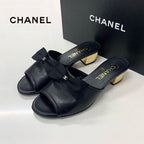 Chanel CC Logo Leather Ribbon Sandals Black