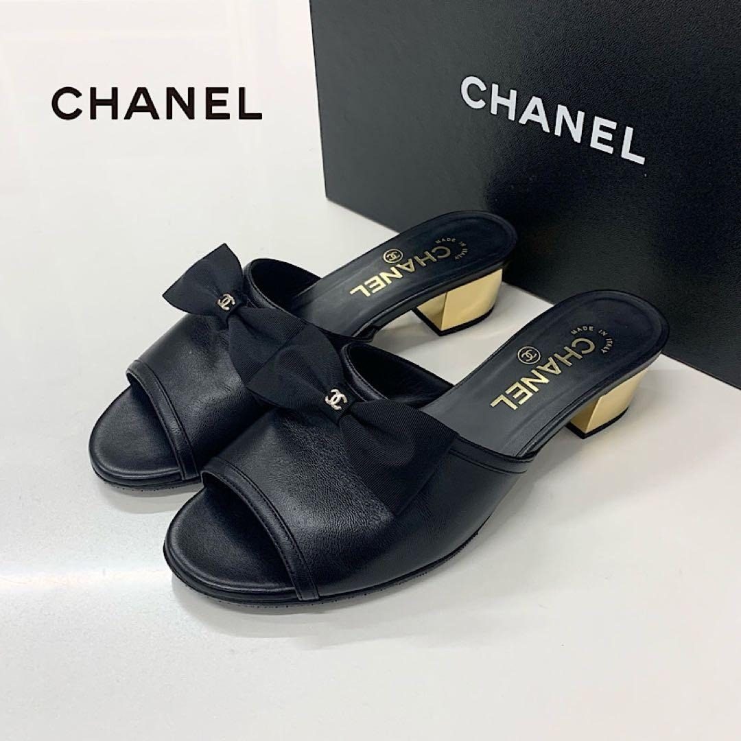 Chanel CC Logo Leather Ribbon Sandals Black