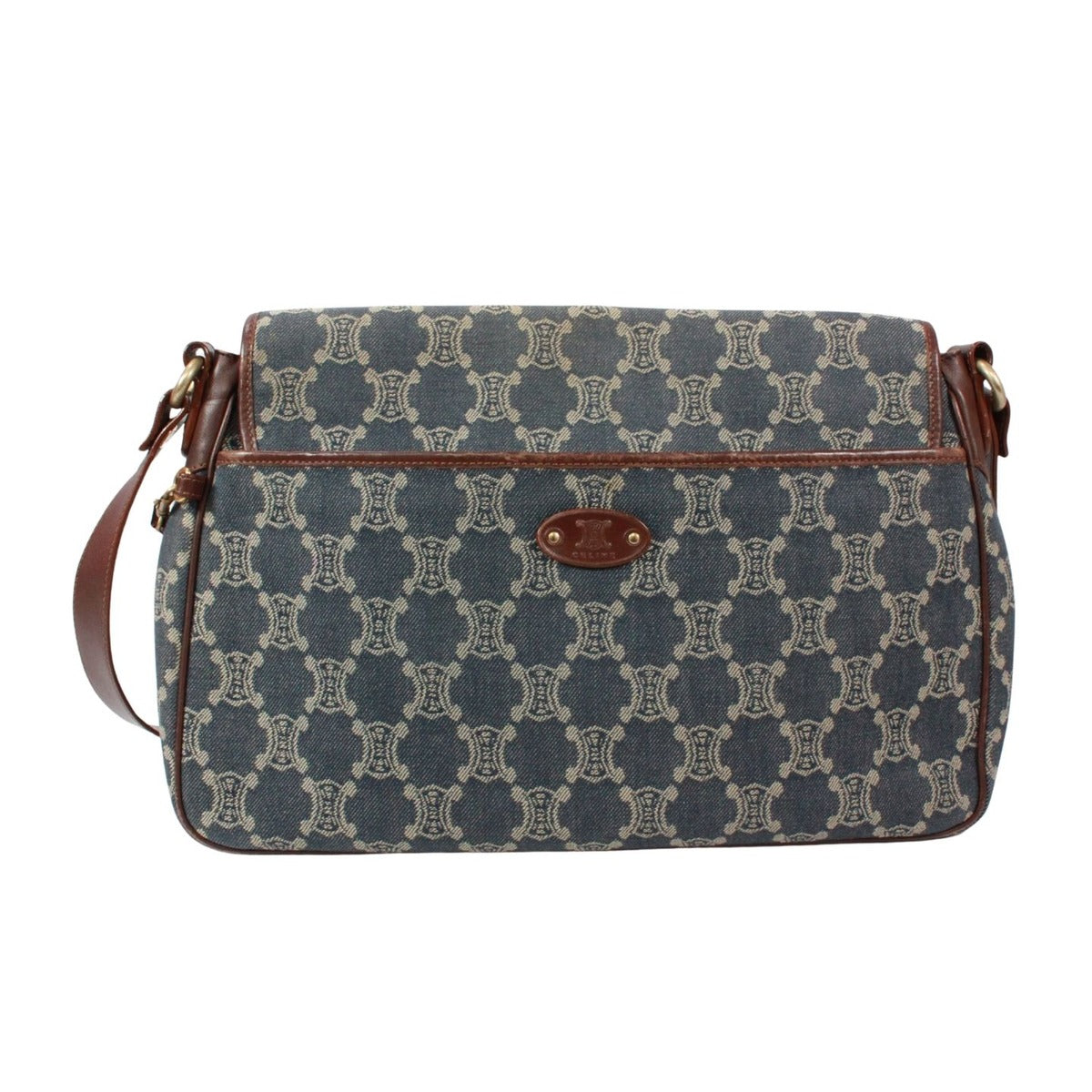 Celine Leather Denim Brown Blue Shoulder Bag Gold — view 3