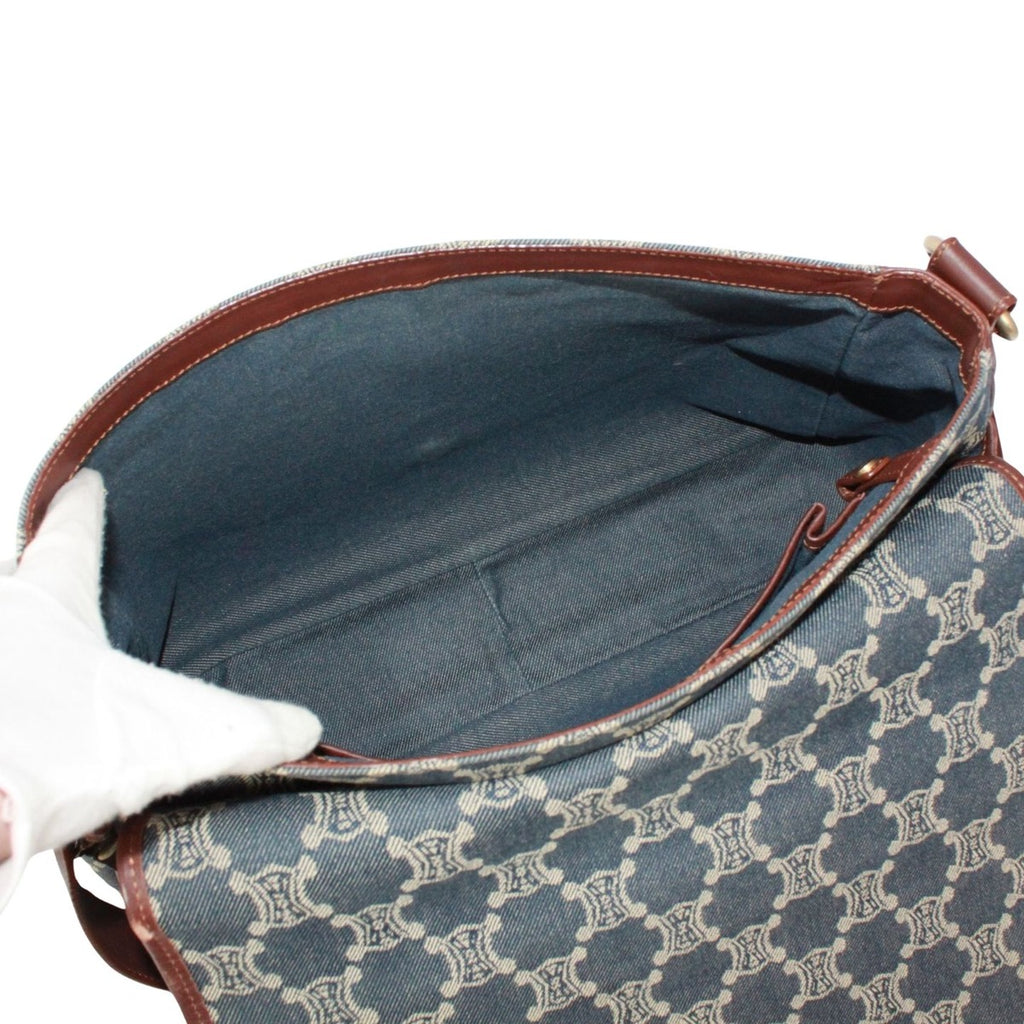 Celine Leather Denim Brown Blue Shoulder Bag Gold — view 8