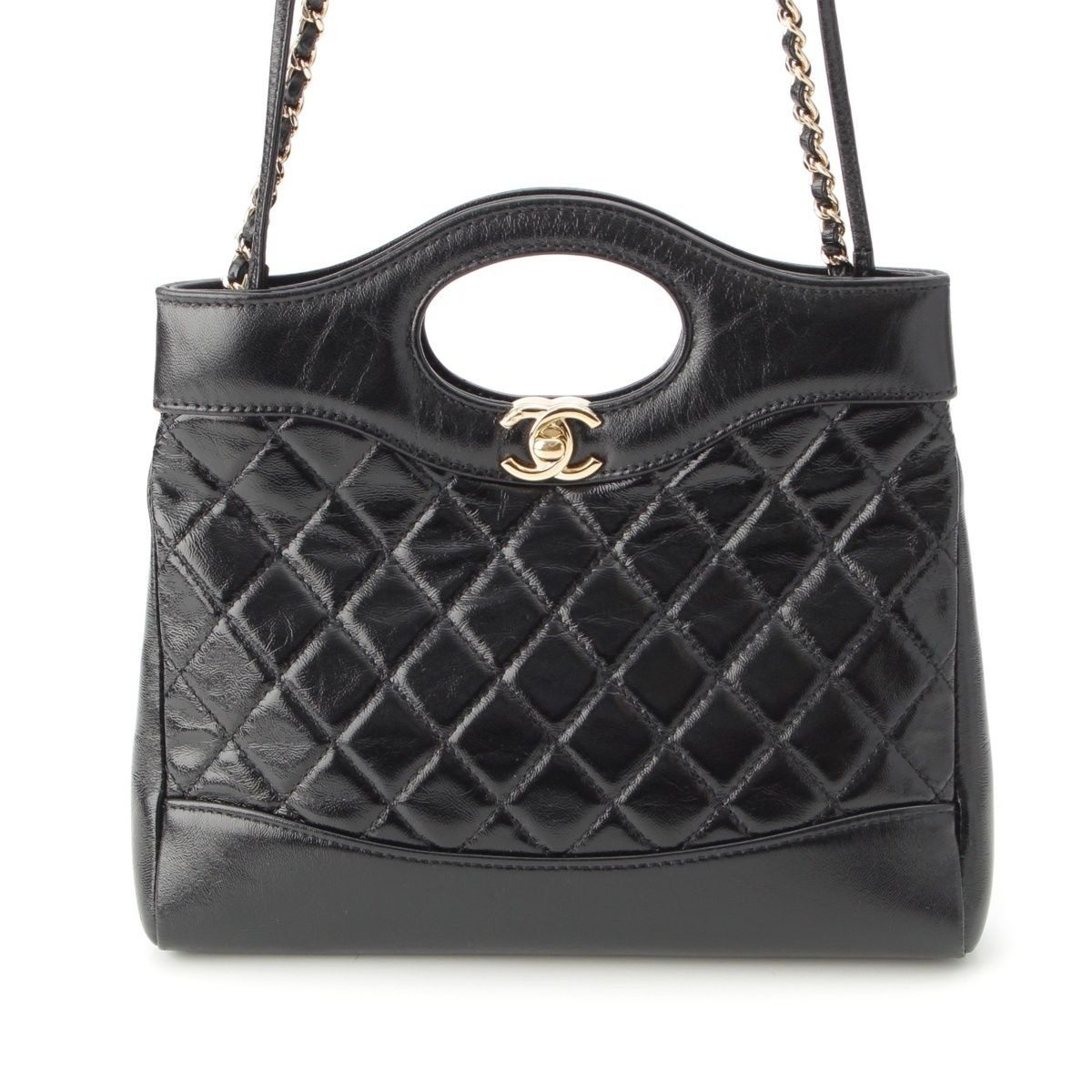 Chanel 31 Trantean Mini Shiny Calf Shopping 2-Way Shoulder Handbag Black