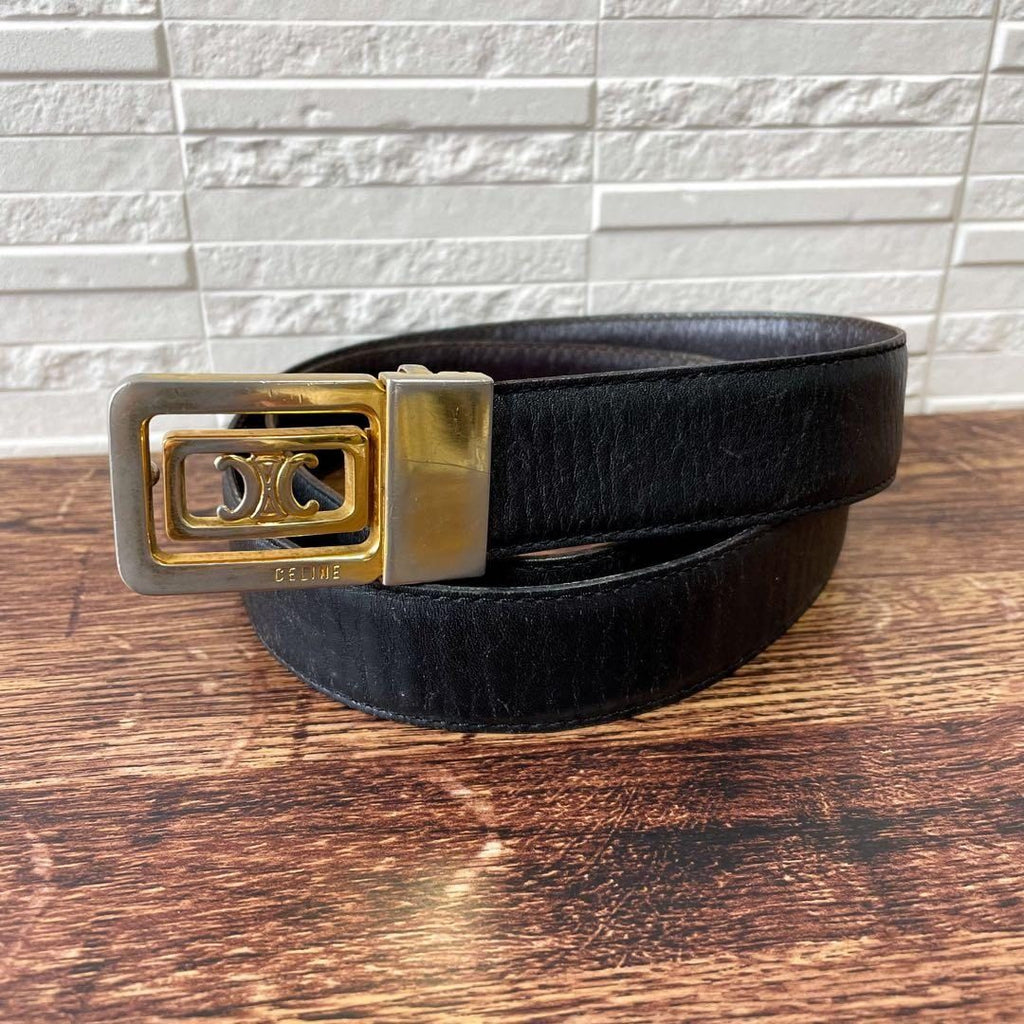 Celine Leather Triomphe Buckle Gold Belt Black Brown