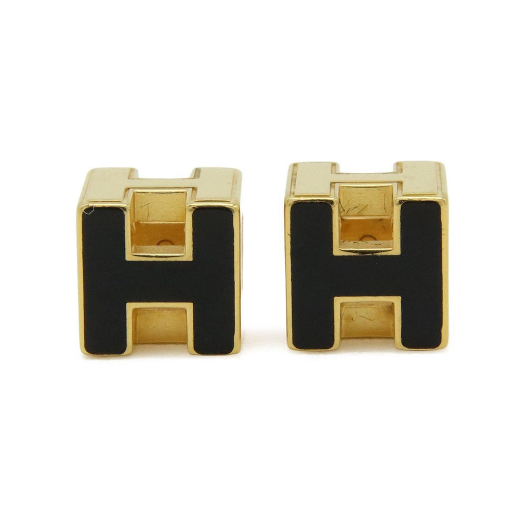Hermes Cage Ash Cube H Logo Earrings Black Gold