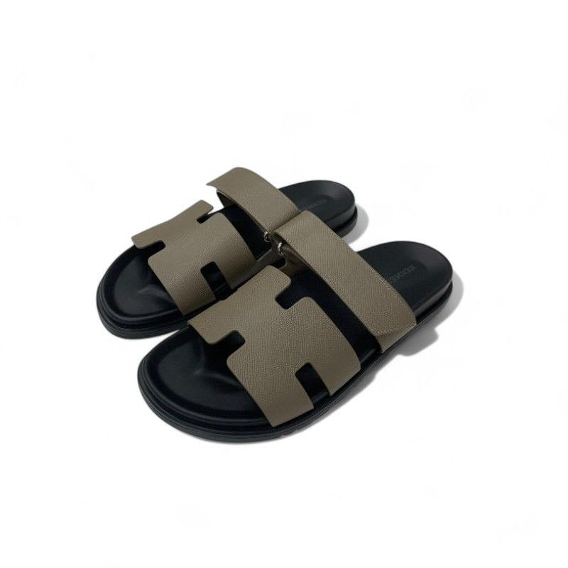Hermes Chypre Sandals Shoes Leather Grey Velcro Strap Flat
