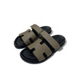 Hermes Chypre Sandals Shoes Leather Grey Velcro Strap Flat