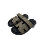 Hermes Chypre Sandals Shoes Leather Grey Velcro Strap Flat