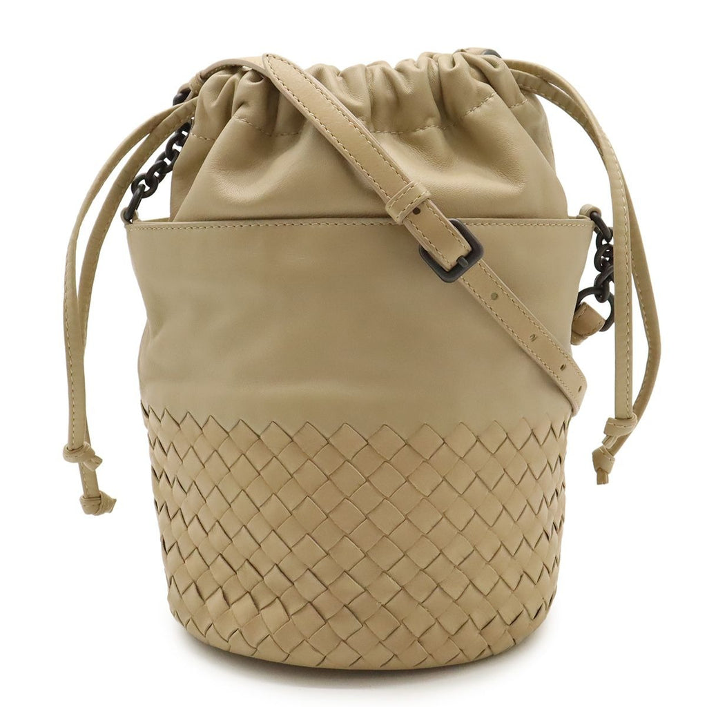 Bottega Veneta Intrecciato Shoulder Bag Crossbody Drawstring Leather Beige