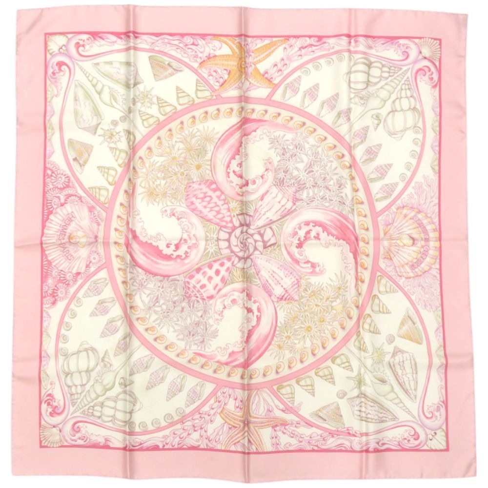Hermes Carre 90 Parures Oceanes Sea Silk Pink Scarf White