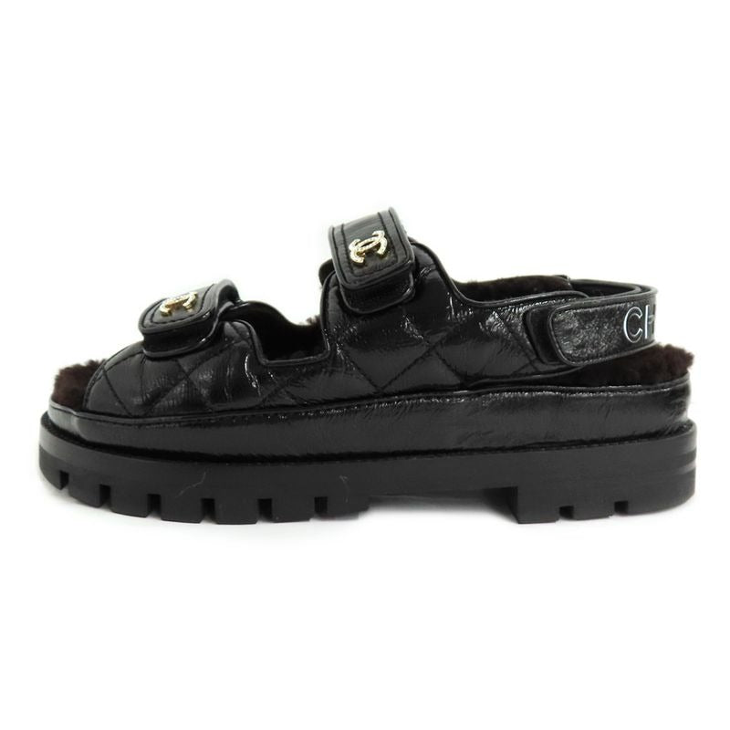 Chanel Sandals 23 K boa Rhinestone Coco Mark 38 Black Leather