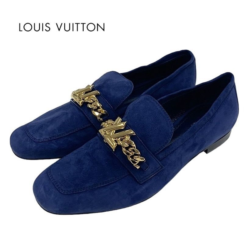 Louis Vuitton Upper Case Line Loafer Leather Shoes Suede Navy Gold Chain