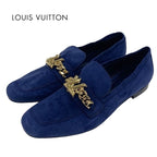 Louis Vuitton Upper Case Line Loafer Leather Shoes Suede Navy Gold Chain