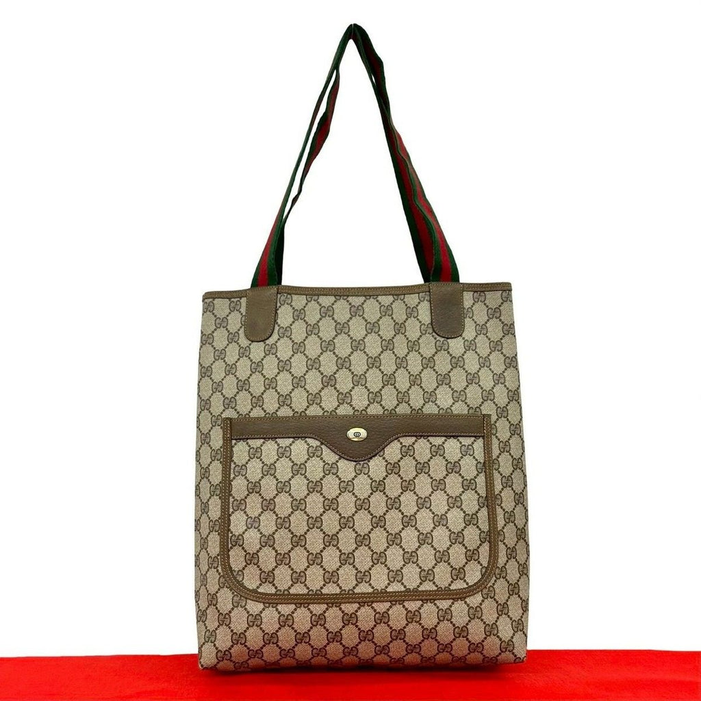 Gucci Vintage Sherry Line GG Logo Pattern Leather Tote Brown