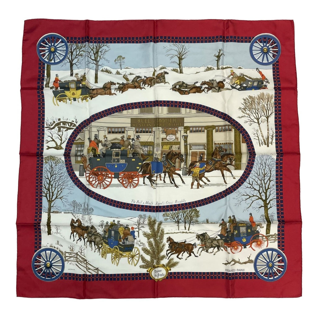 Hermes Scarf Carre 90 Lhiver en Poste Winter Mail Silk Red