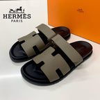 Hermes Chypre Leather Flat Sandals Grey Ge