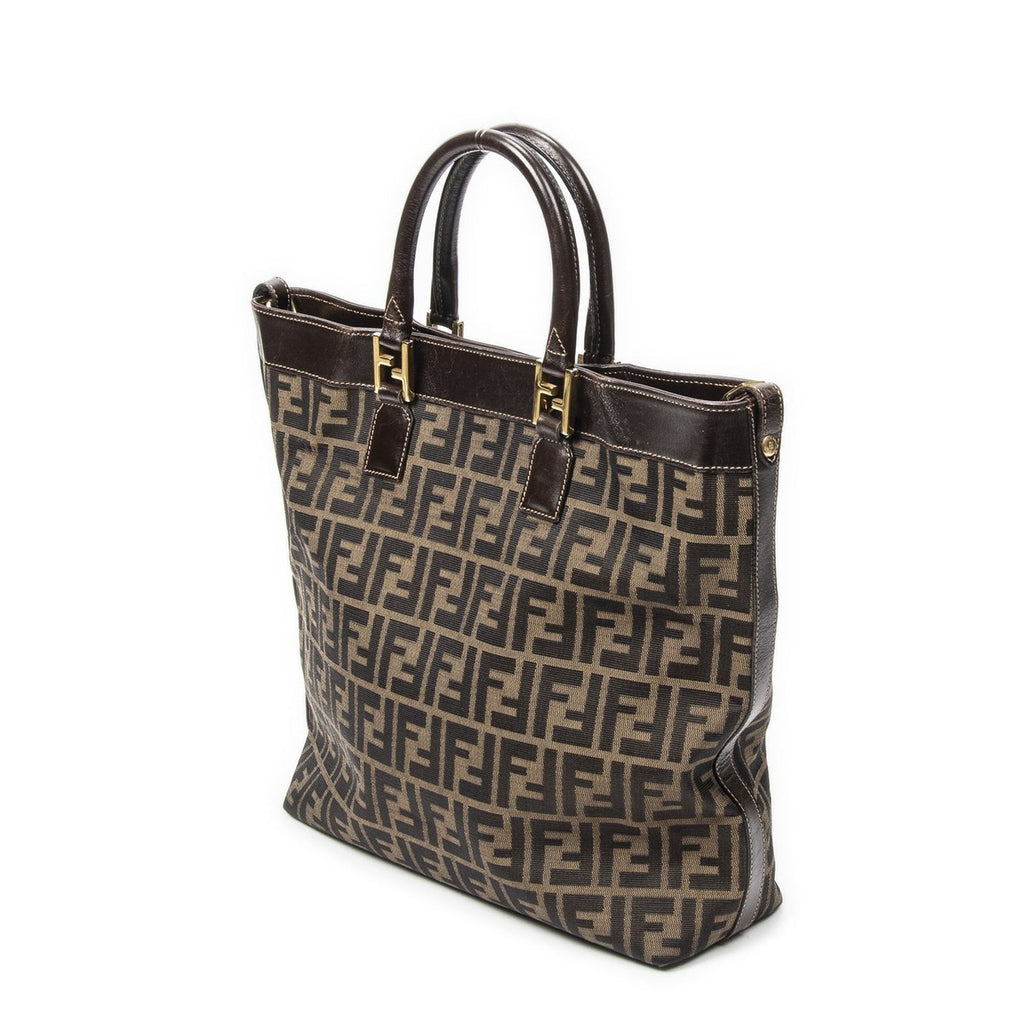 Fendi Large Zucca Shopping Tote Tongue Dark Brown Canvas Tan — view 2