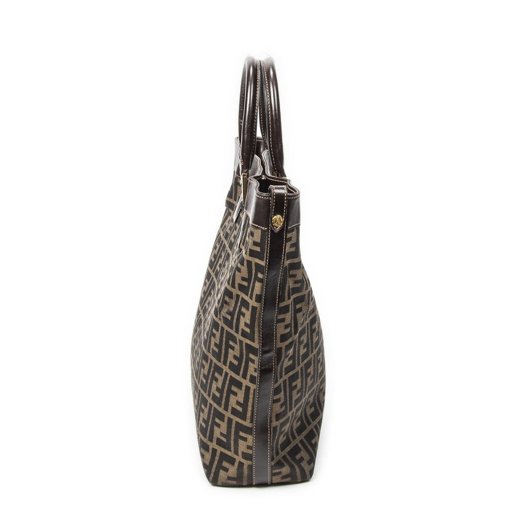 Fendi Large Zucca Shopping Tote Tongue Dark Brown Canvas Tan — view 4