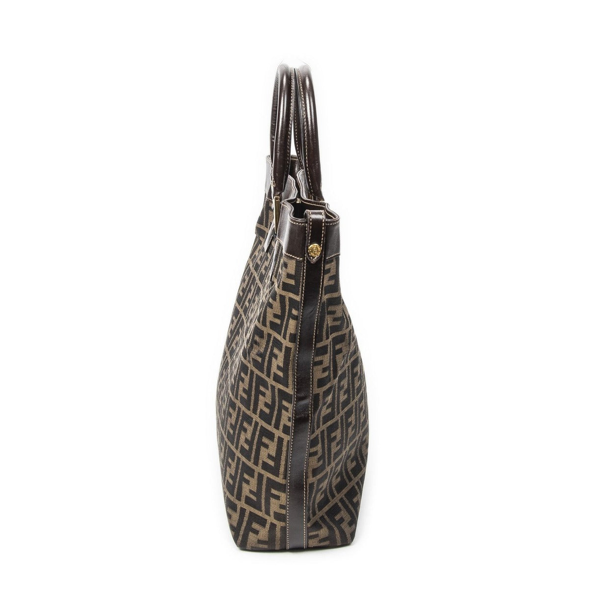 Fendi Large Zucca Shopping Tote Tongue Dark Brown Canvas Tan — view 4