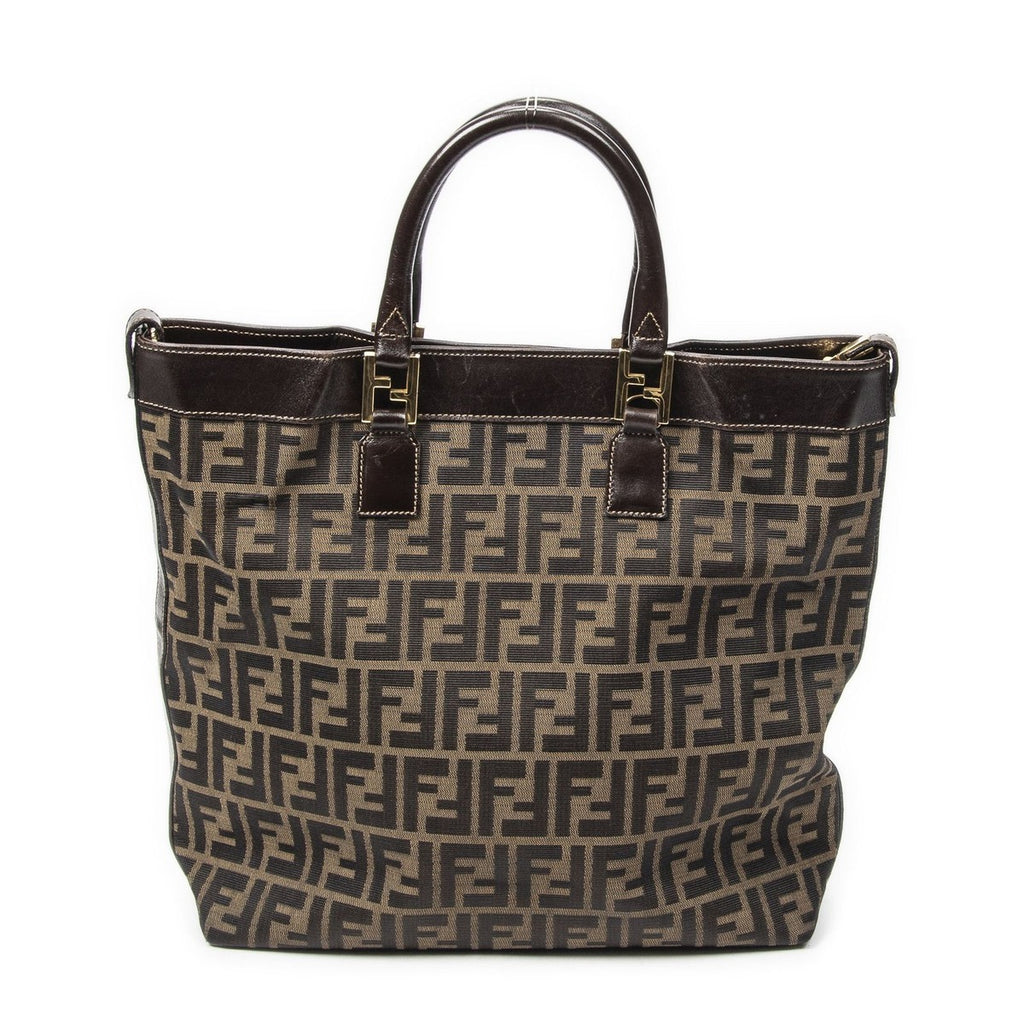 Fendi Large Zucca Shopping Tote Tongue Dark Brown Canvas Tan