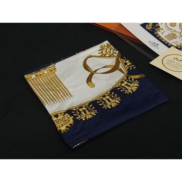 Hermes les Cavaliers D'or Carre 90 Silk Large Scarf Shawl Navy