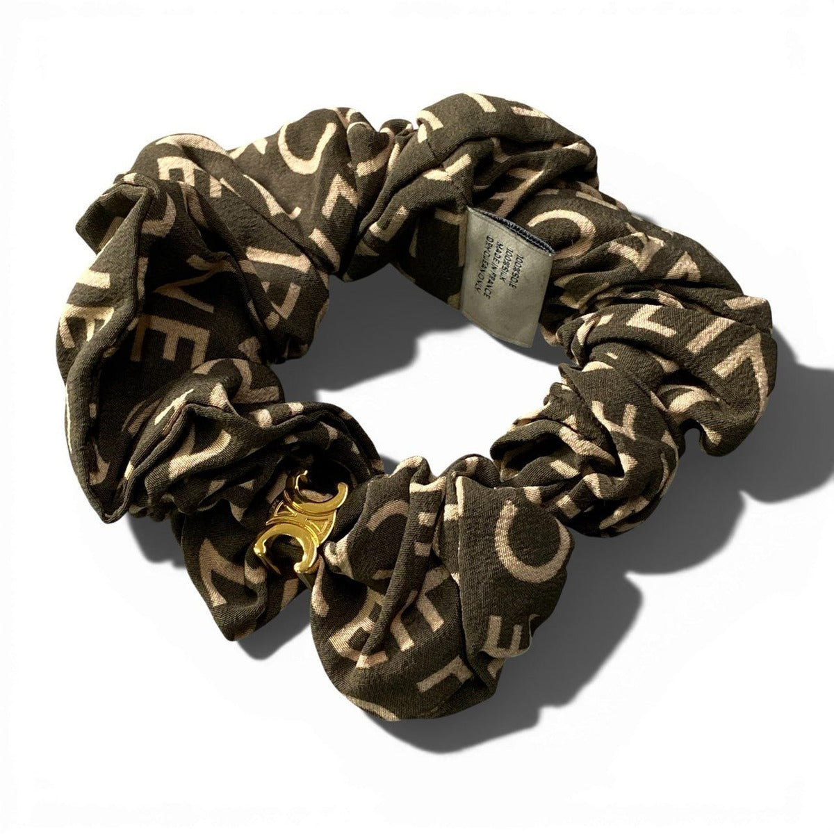 Celine B2 Logo Scrunchie Hair Triomphe Gold Green Silk — view 2
