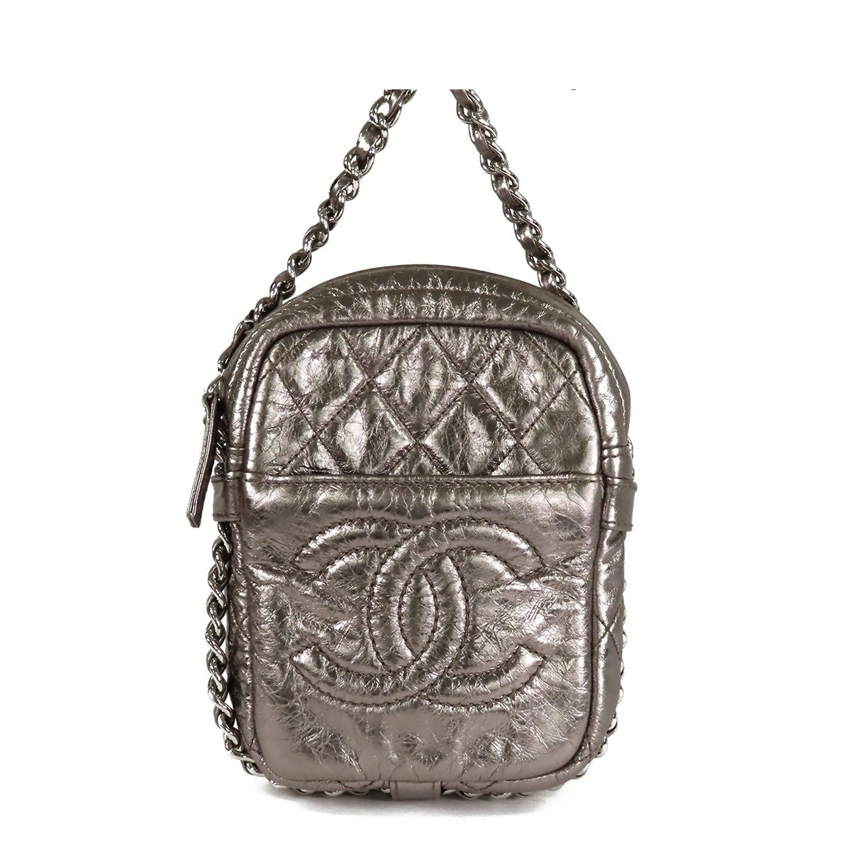 Chanel Quilted Chain Bag Metallic Silver Leather CC Logo Handbag