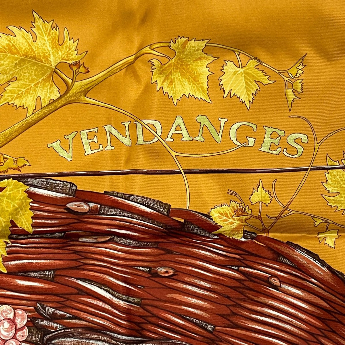 Hermes Scarf Silk Carre 90 Vendanges Grape Harvest Pattern Yellow — view 6