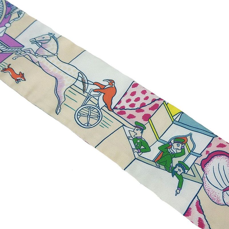 Hermes Twille Scarf 100% Silk Animapolis White Green Pink Multicolor Small — view 3
