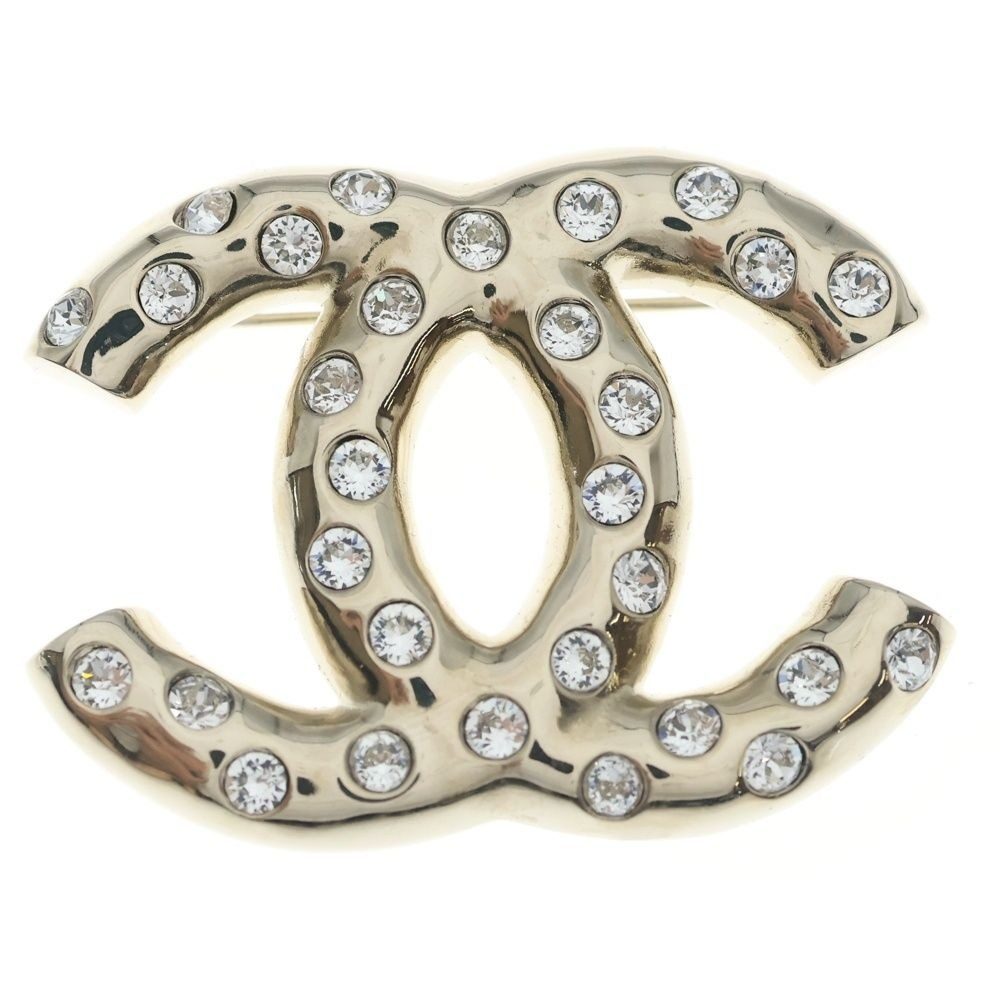 Chanel CC Logo Rhinestone Pin Badge Pin Brooch Silver