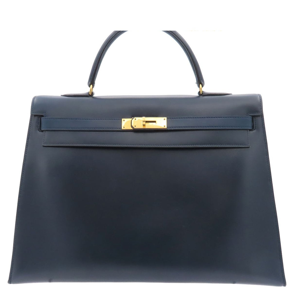 Hermes Kelly 35 Navy Gold Box Calf Sellier Handbag
