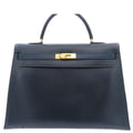 Hermes Kelly 35 Navy Gold Box Calf Sellier Handbag