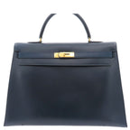 Hermes Kelly 35 Navy Gold Box Calf Sellier Handbag